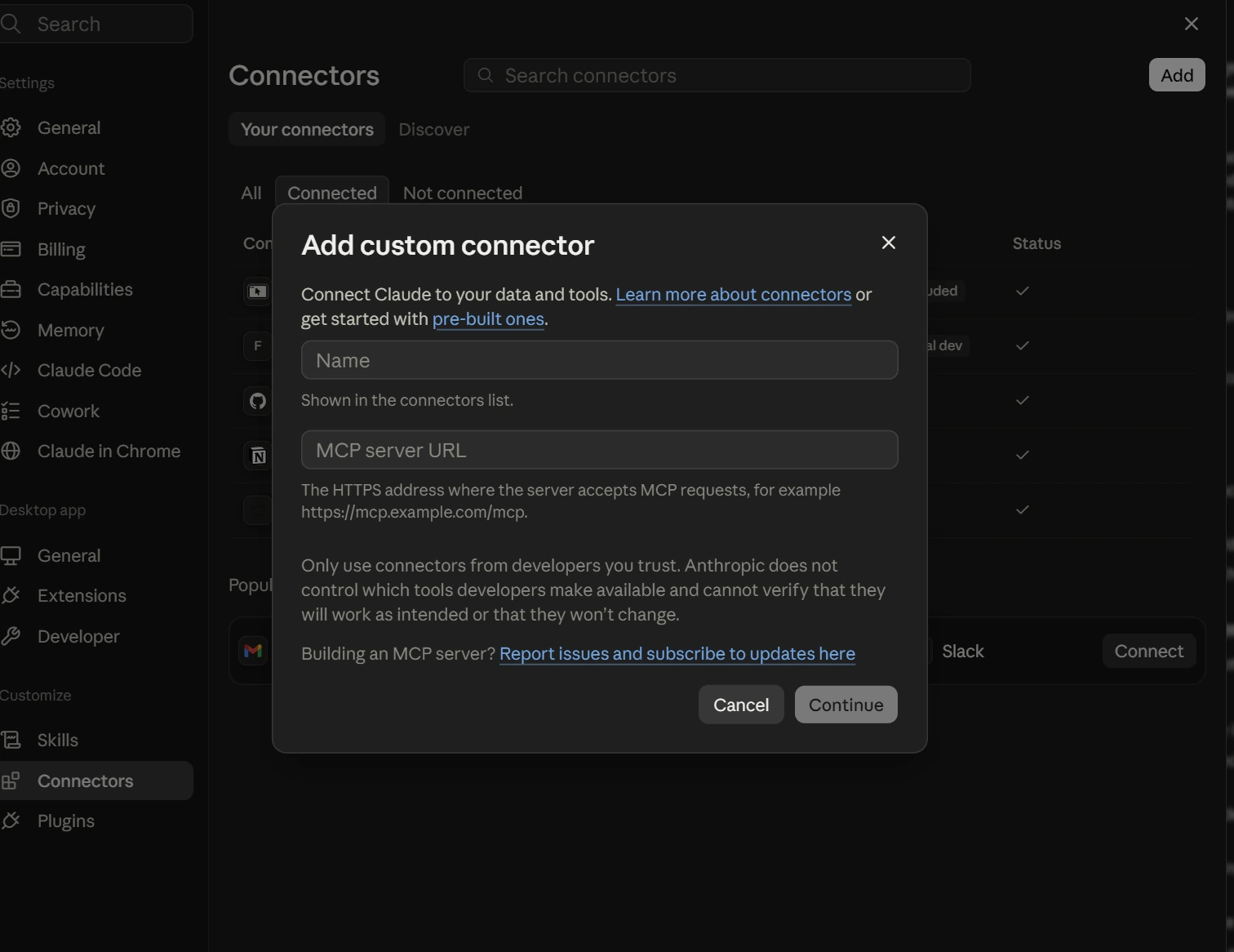 Adding a custom connector by pasting an MCP server address