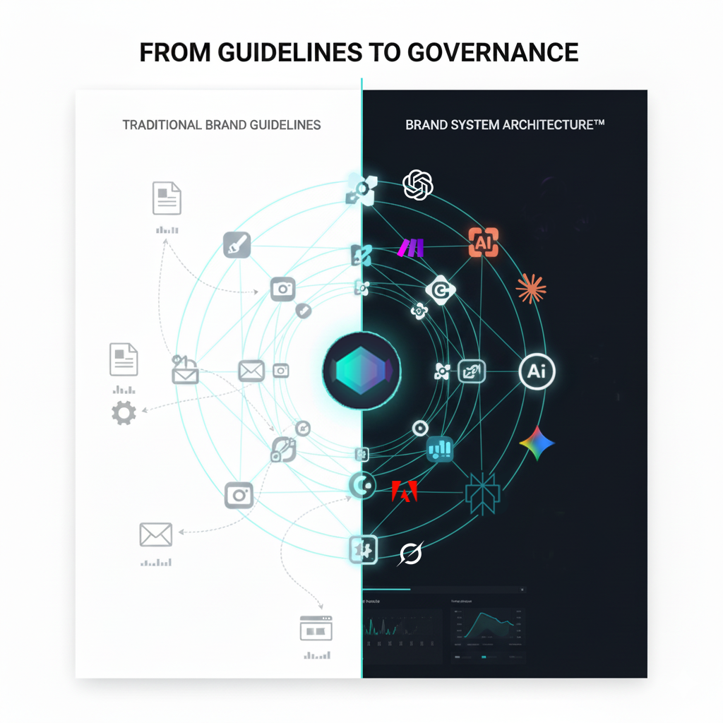 Comparison showing transformation from scattered brand guidelines to unified Brand System Architecture with AI integration