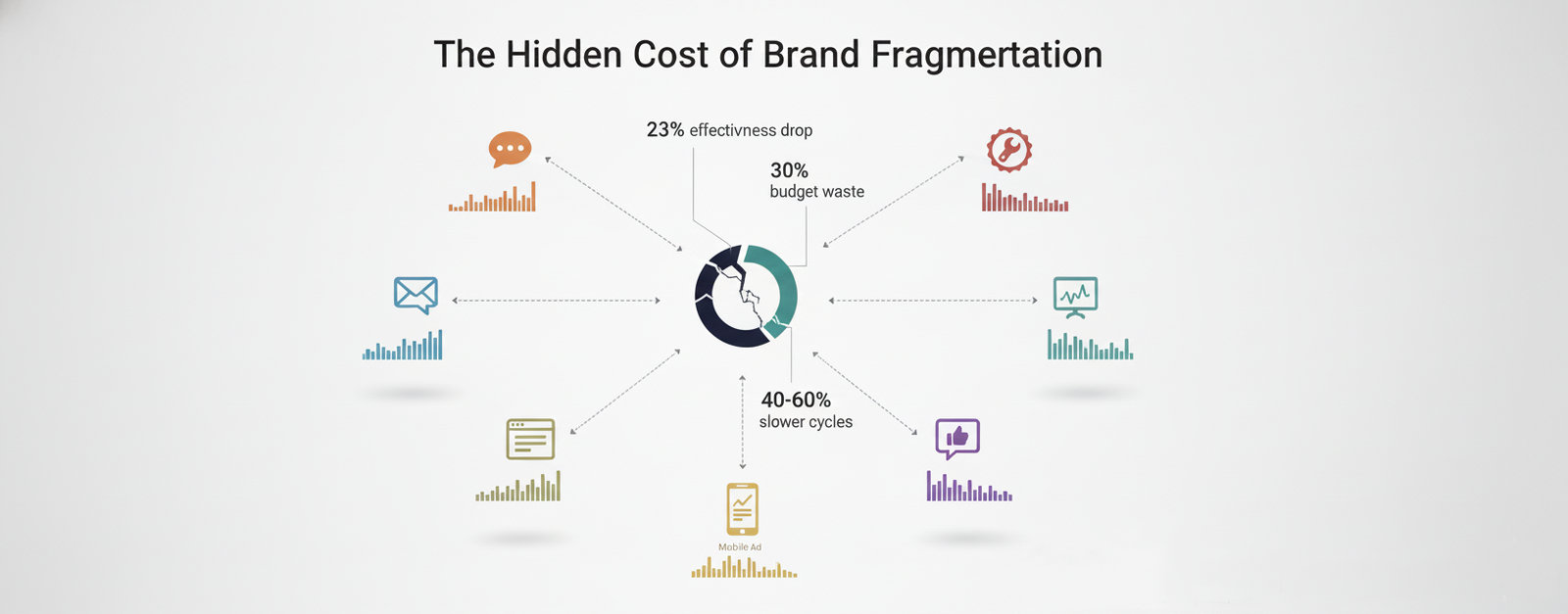 Brand guidelines AI scale problem: Infographic showing brand fragmentation across multiple channels causing 23% effectiveness drop and 30% budget waste.