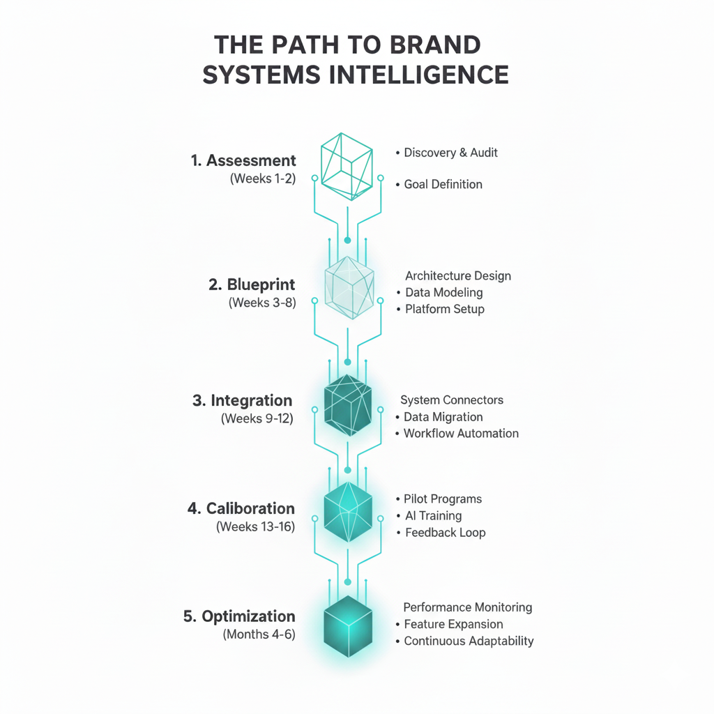 Five-phase implementation roadmap from assessment to optimization for Brand System Architecture