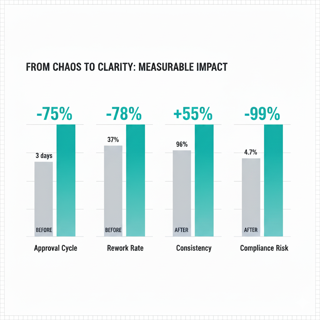 Bar chart showing ROI improvements: 75% faster approvals, 78% less rework, 55% better consistency, 79% fewer compliance incidents