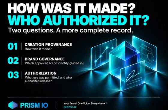 AI provenance and the three-layer record for AI-assisted brand communication: creation provenance, brand governance context, and authorization and release.